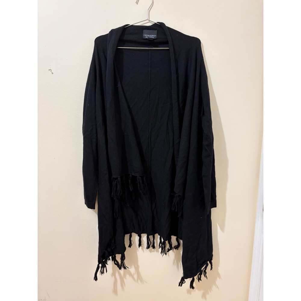 Cynthia Rowley Black 100% Merino Wool Fringe Open Front Cardigan XL Western